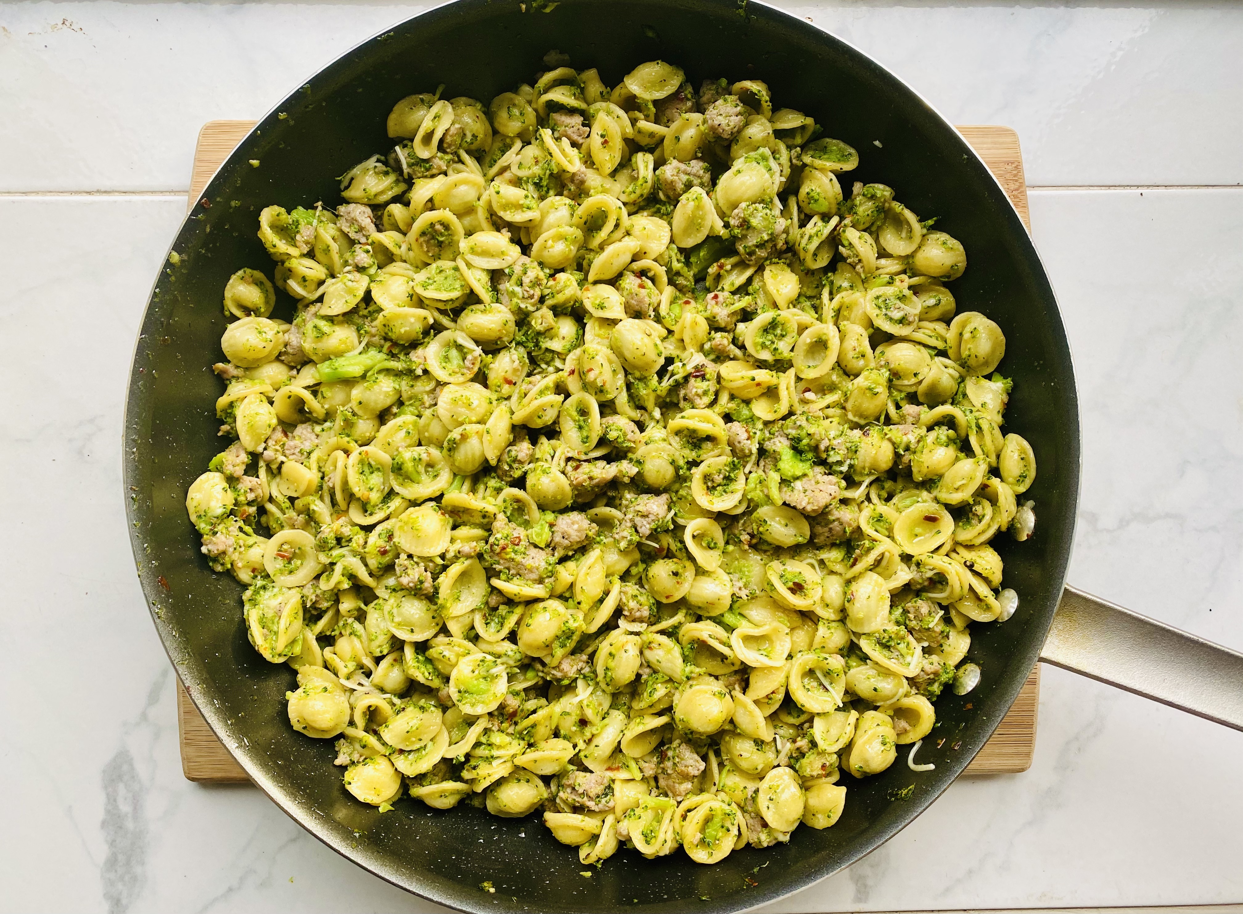 Broccoli and Sausage Orecchiette in pan